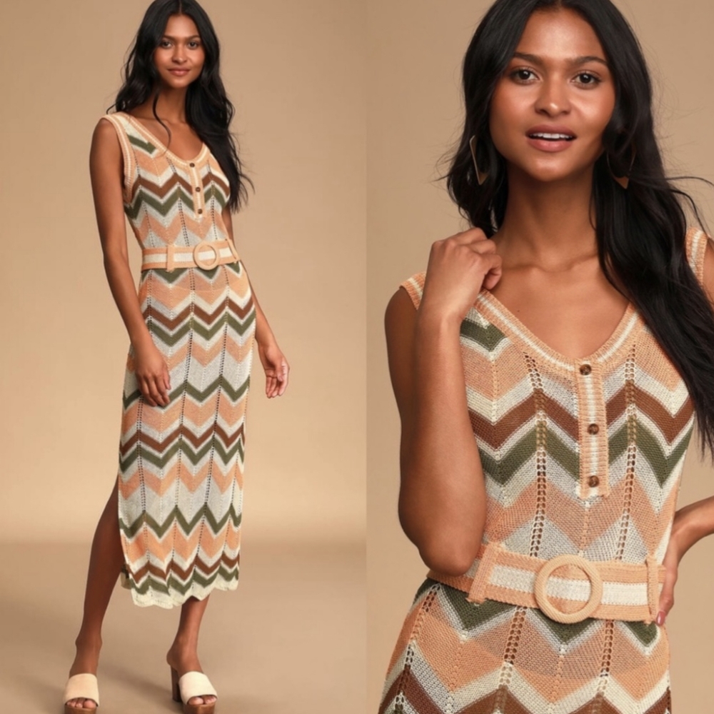 MOON RIVER Multi Crochet Belted Maxi Dress